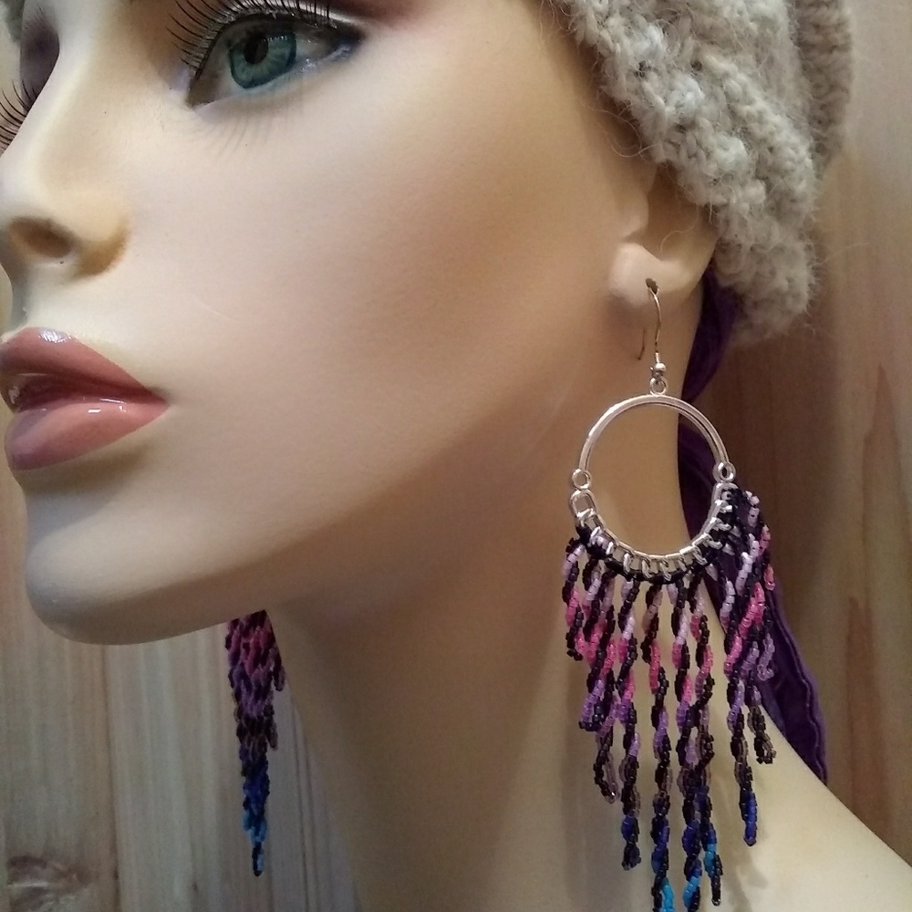 ⭐HP⭐ Beaded Handmade Twisted Reins Long Hoop Earrings - Picture 2 of 7